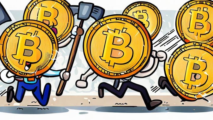 Design a comic strip illustrating a group of animated Bitcoin coins participating in a race, symbolizing the competitive nature of Bitcoin mining, with the fastest coin being rewarded with a miner's pickaxe.